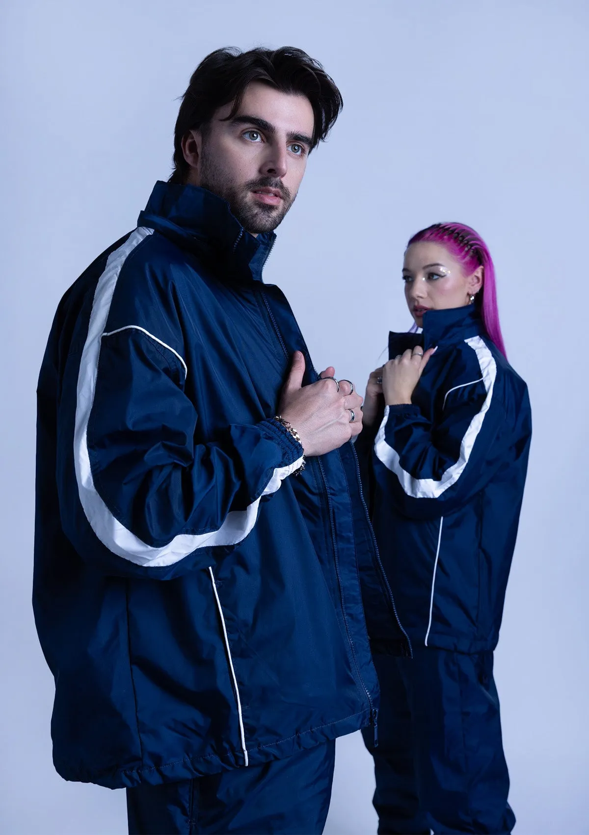 2600S Unisex Full Zipper Taffeta Nylon Tracksuit Jacket and Sweatpants Set with White Piping - Navy Blue