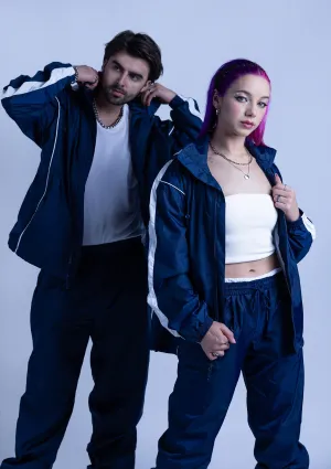 2600S Unisex Full Zipper Taffeta Nylon Tracksuit Jacket and Sweatpants Set with White Piping - Navy Blue