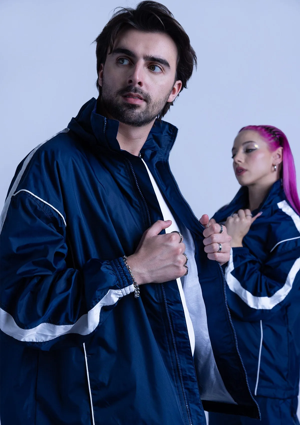 2600S Unisex Full Zipper Taffeta Nylon Tracksuit Jacket and Sweatpants Set with White Piping - Navy Blue