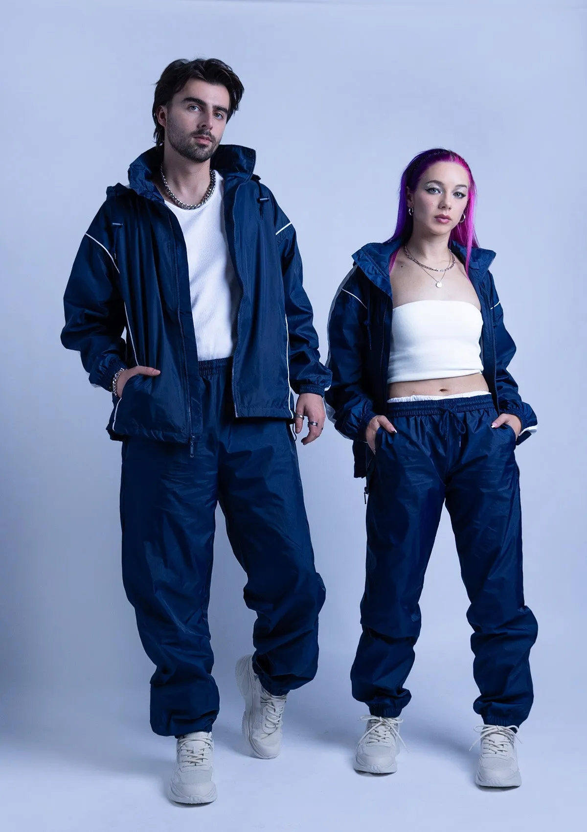 2600S Unisex Full Zipper Taffeta Nylon Tracksuit Jacket and Sweatpants Set with White Piping - Navy Blue