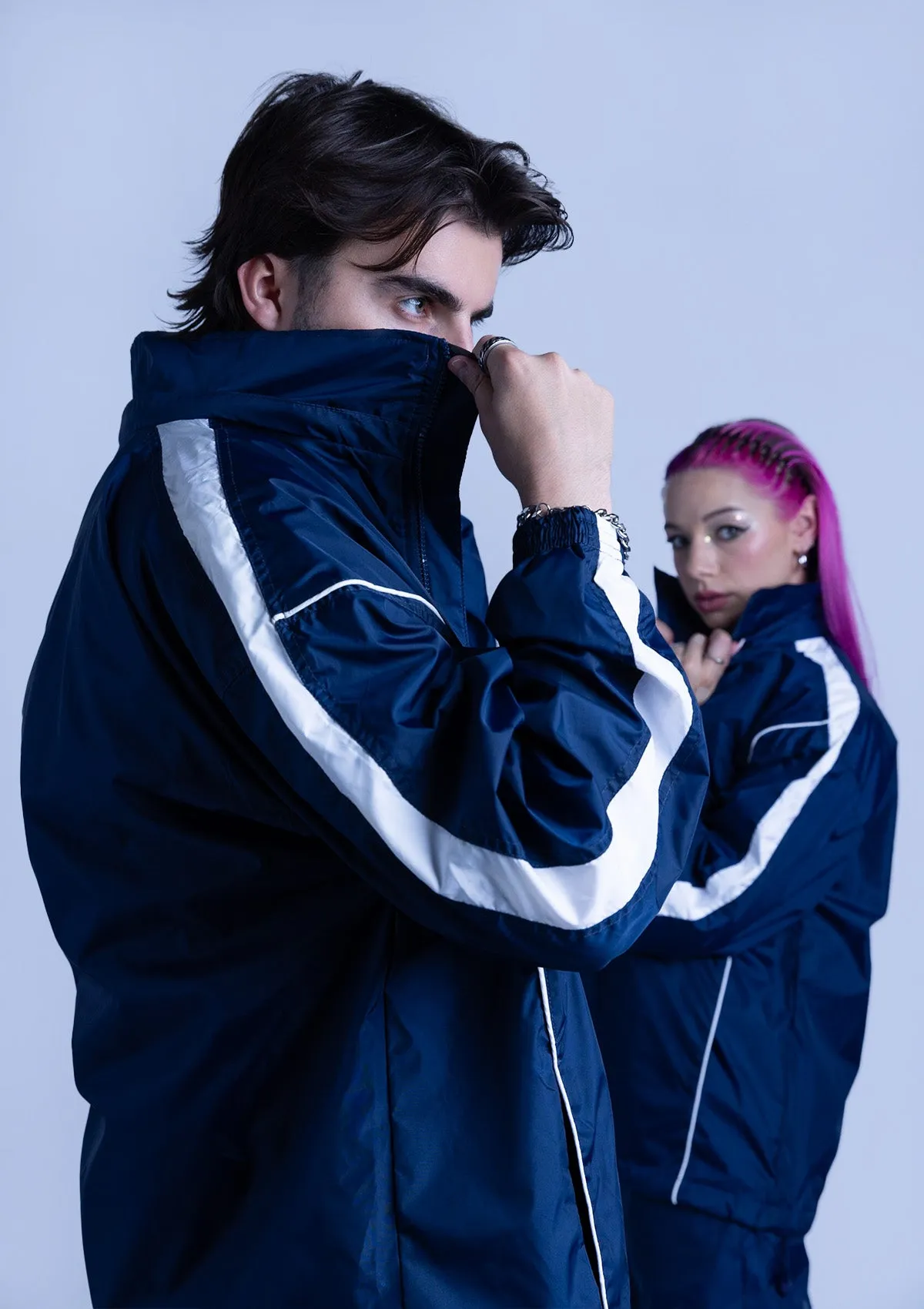 2600S Unisex Full Zipper Taffeta Nylon Tracksuit Jacket and Sweatpants Set with White Piping - Navy Blue