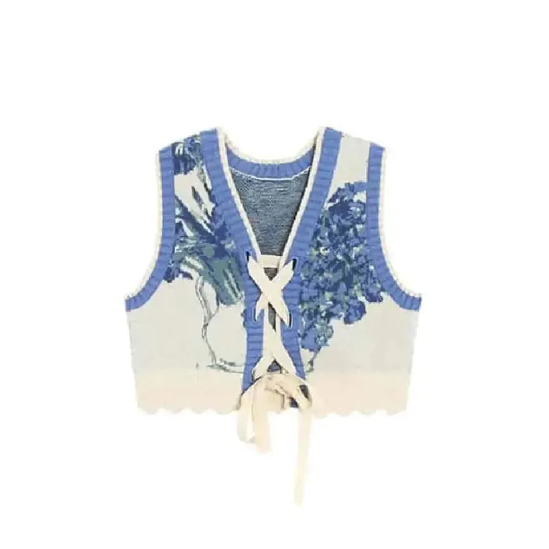 Aesthetic Floral Jacquard Knitted V Neck Vest