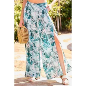 Back Elastic Waist Band Side Pockets Pleat Side Open Slit Tropical Print Pants