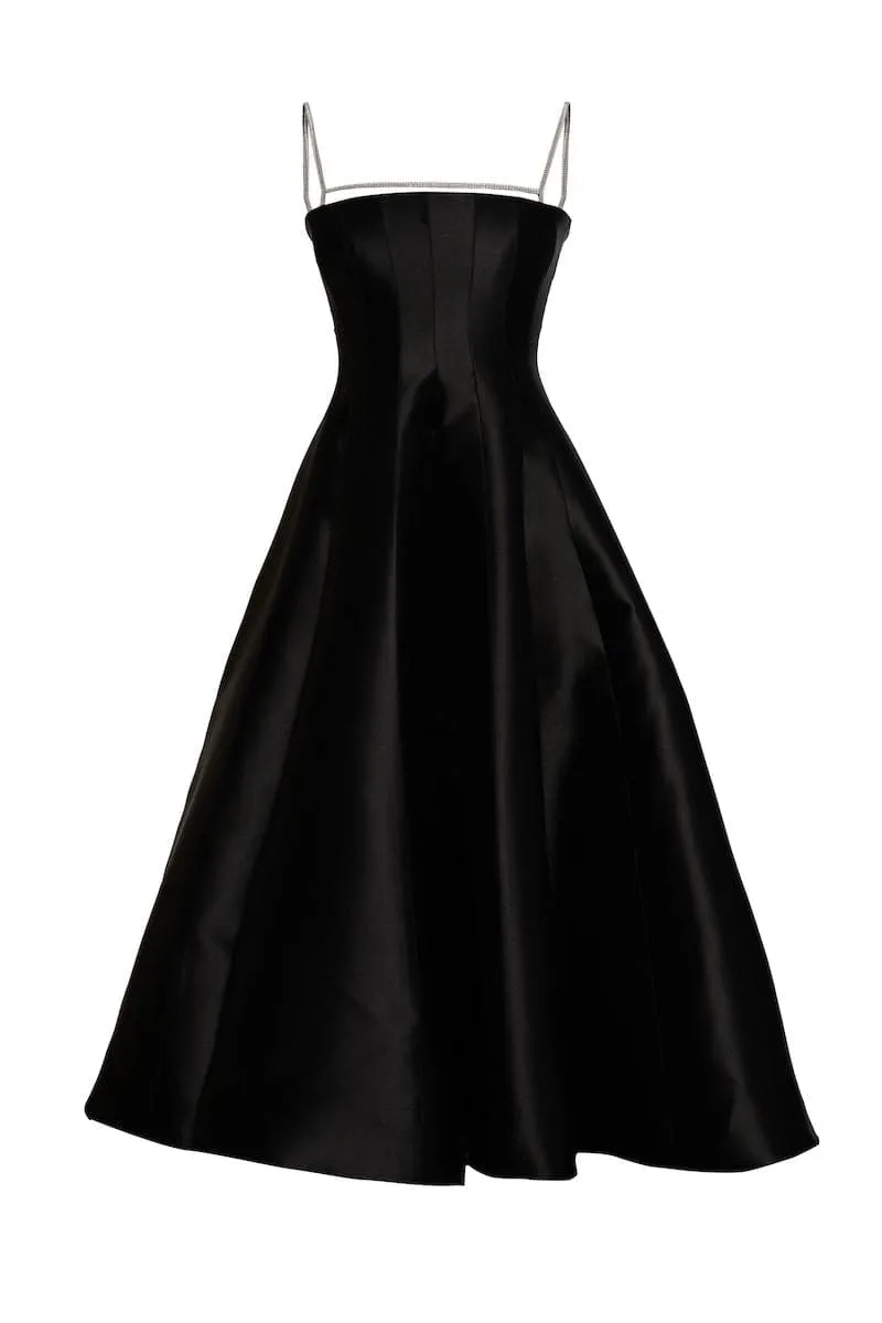 BLACK CORSET BODICE GODET SKIRT MIDI DRESS