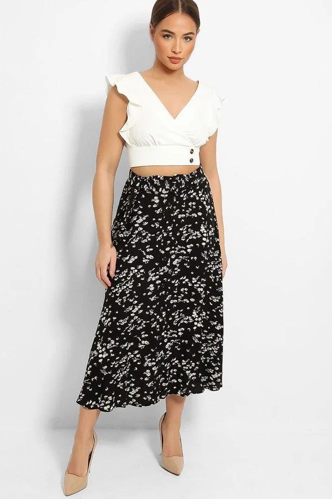 Black Floral Print Belted Buttons Front Skirt