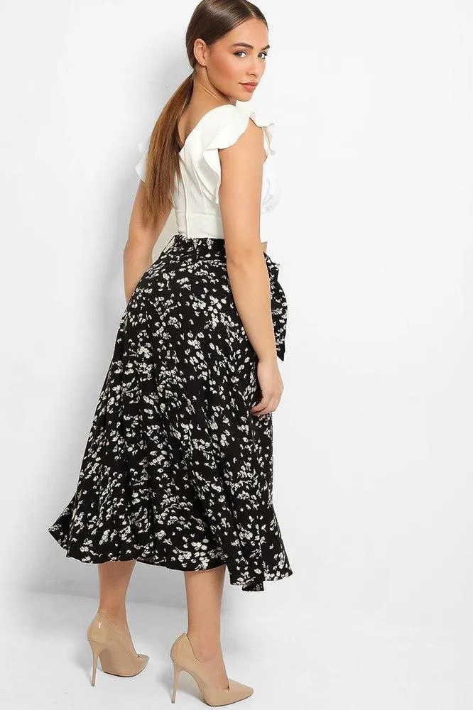 Black Floral Print Belted Buttons Front Skirt