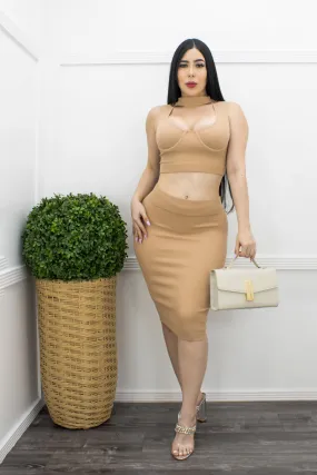 Bodycon Top Skirt Set Nude Free Size