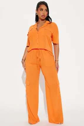 Breezy Paradise Linen Cover Up Cargo Pants Set - Orange