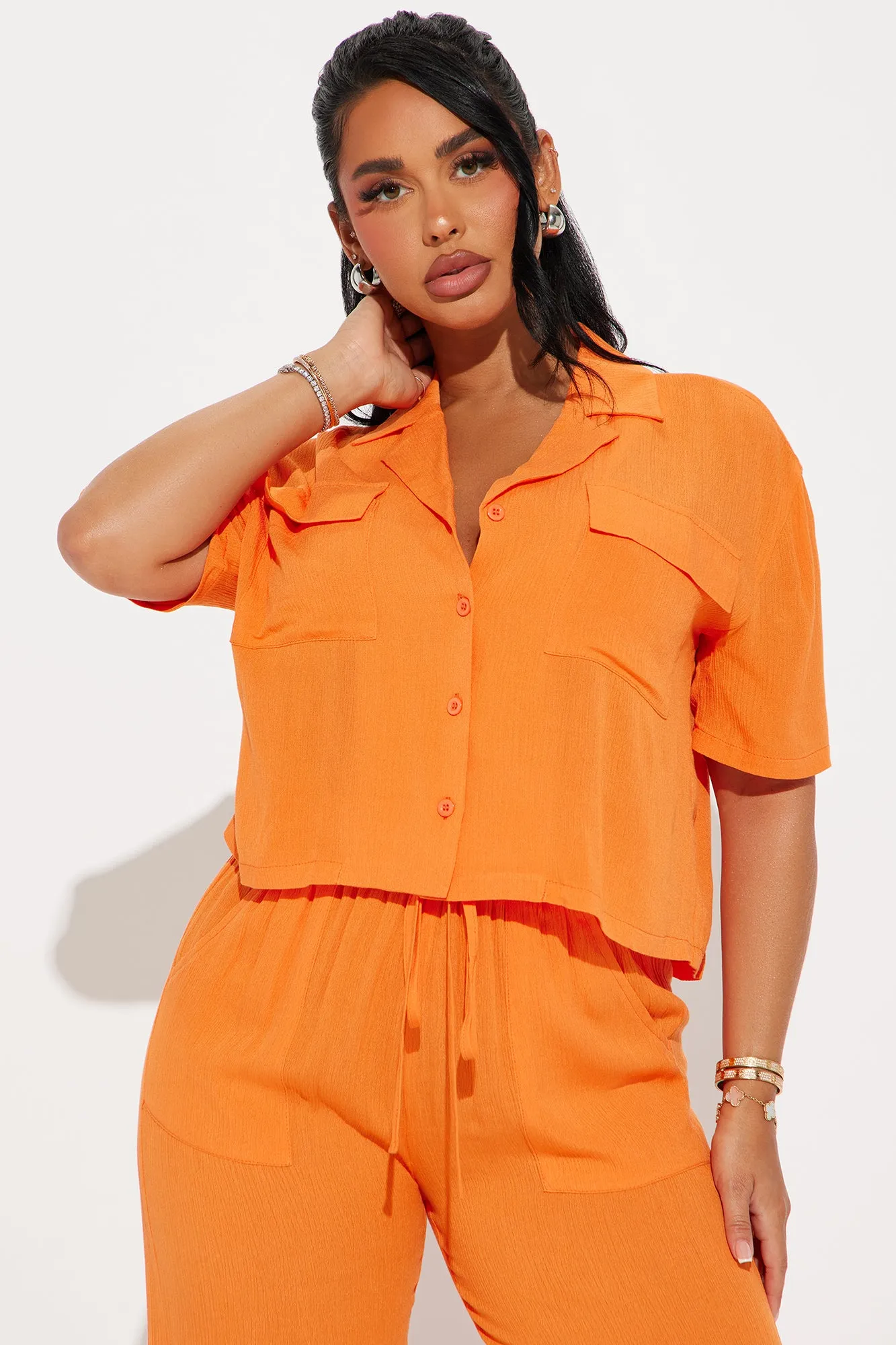 Breezy Paradise Linen Cover Up Cargo Pants Set - Orange