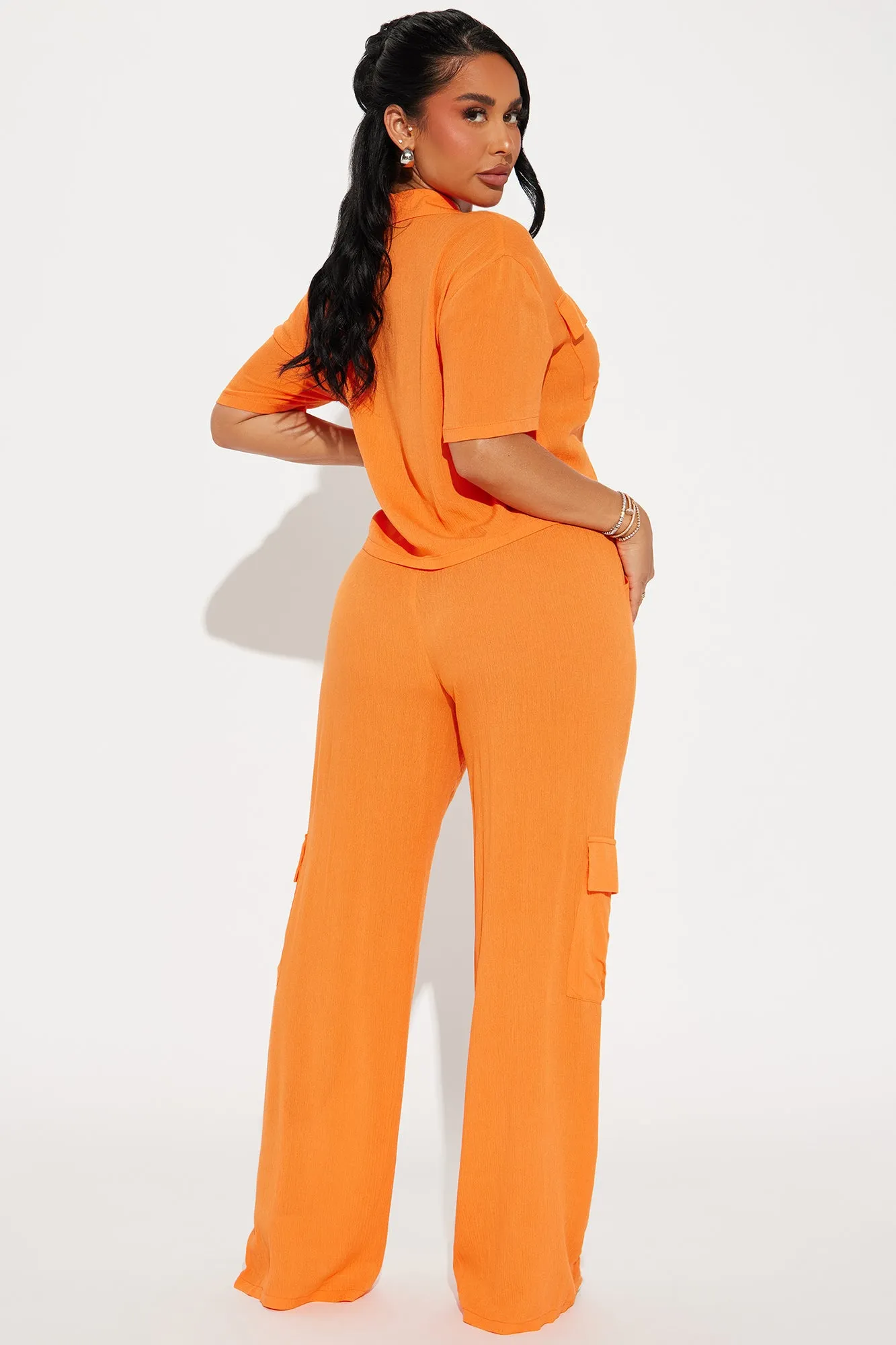 Breezy Paradise Linen Cover Up Cargo Pants Set - Orange