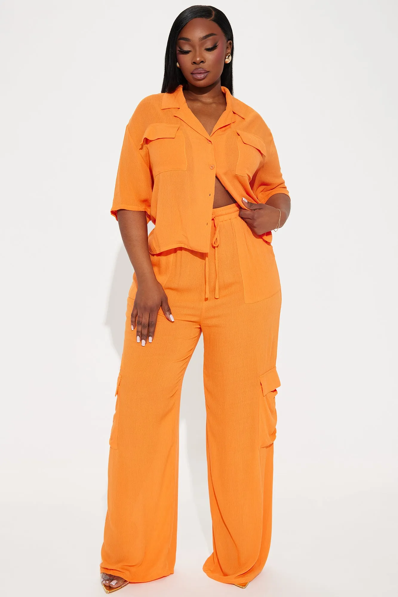 Breezy Paradise Linen Cover Up Cargo Pants Set - Orange