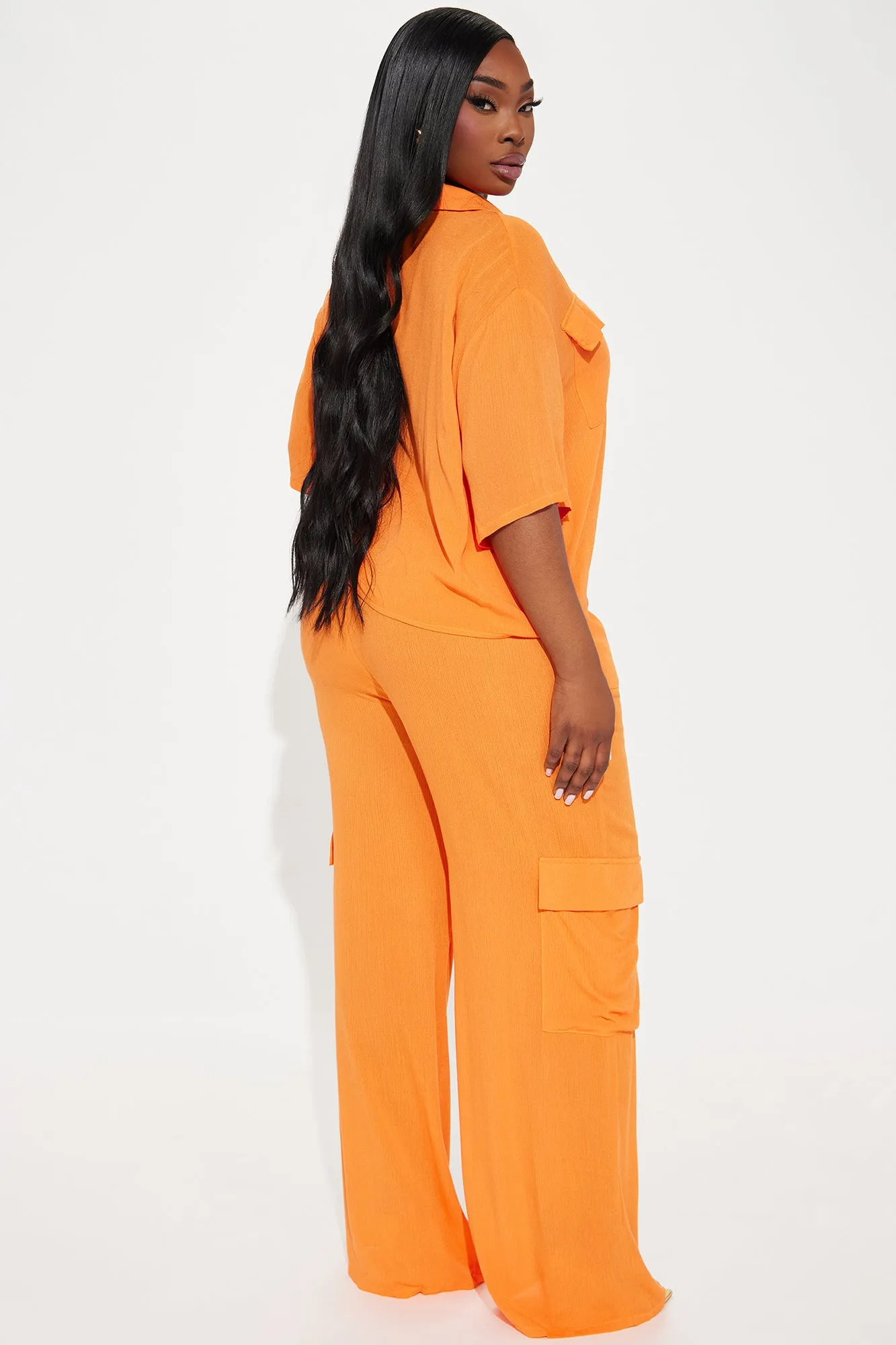 Breezy Paradise Linen Cover Up Cargo Pants Set - Orange