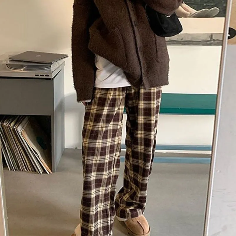 Brown Checkered Wide Leg Pants