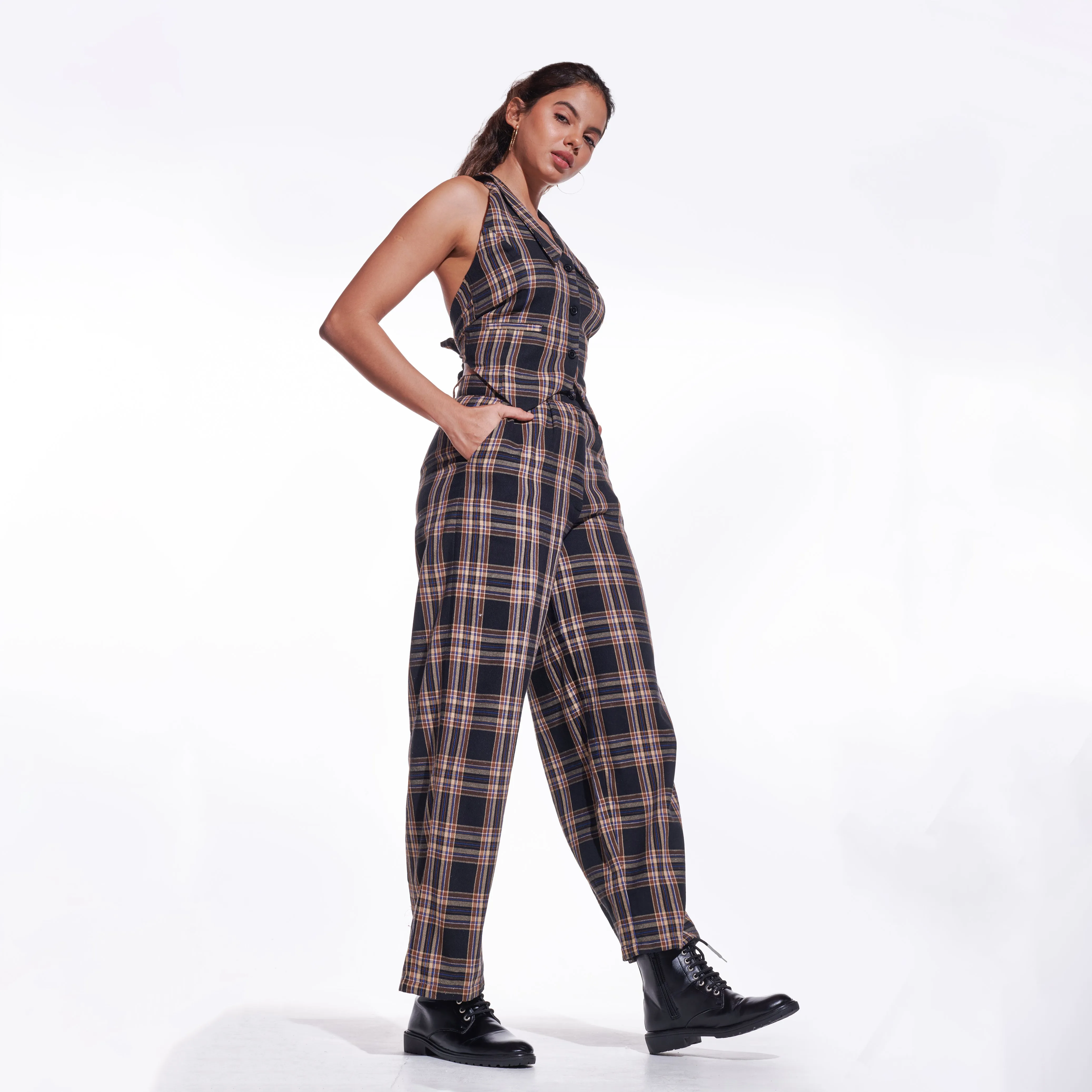 Brown Checkered Wide Leg Pants