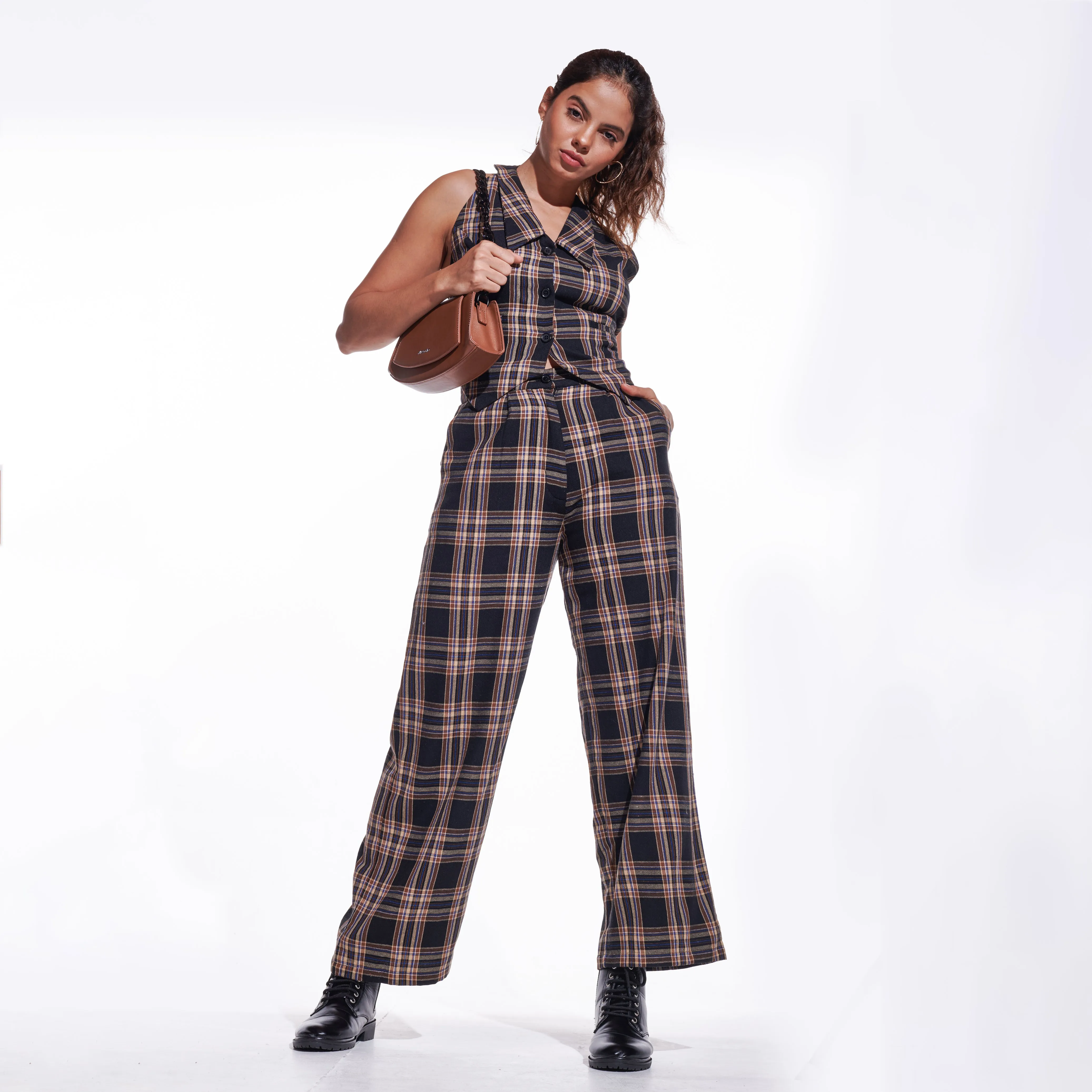 Brown Checkered Wide Leg Pants