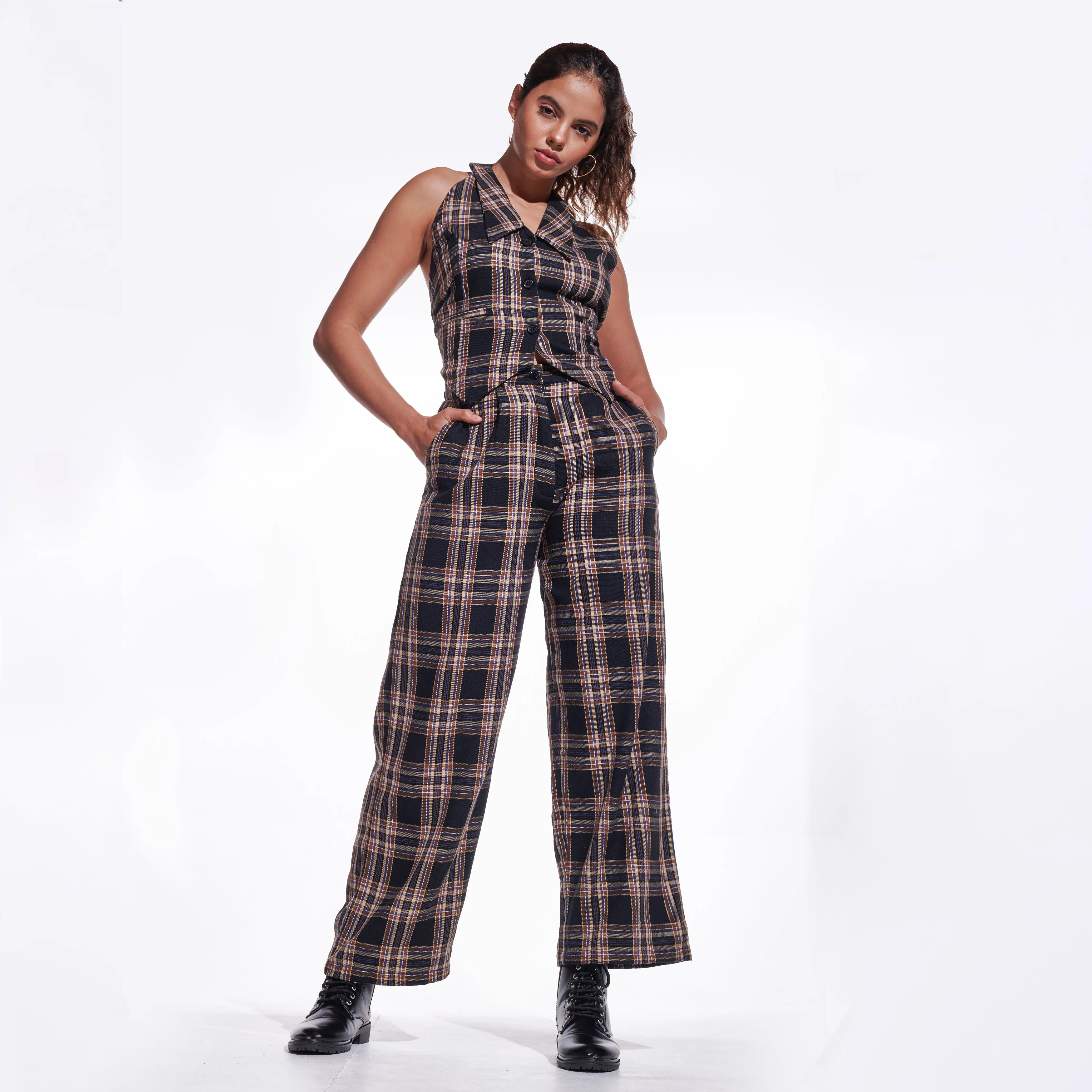 Brown Checkered Wide Leg Pants