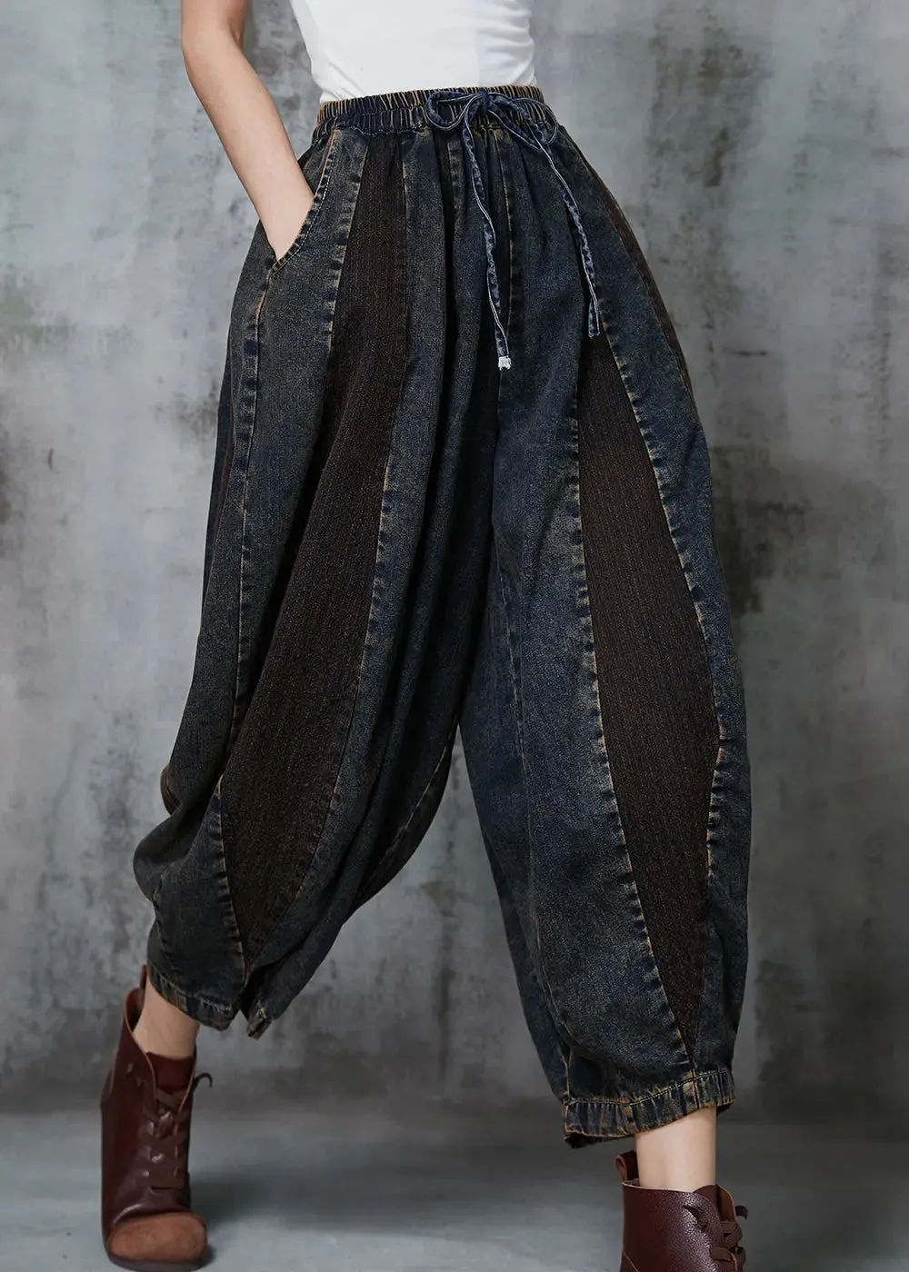 French Navy Oversized Patchwork Denim Pants Spring JK1016