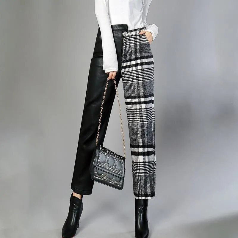 High Waist Asymmetrical Patchwork Ankle Length Wool Pants