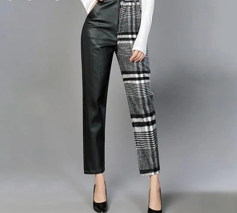 High Waist Asymmetrical Patchwork Ankle Length Wool Pants