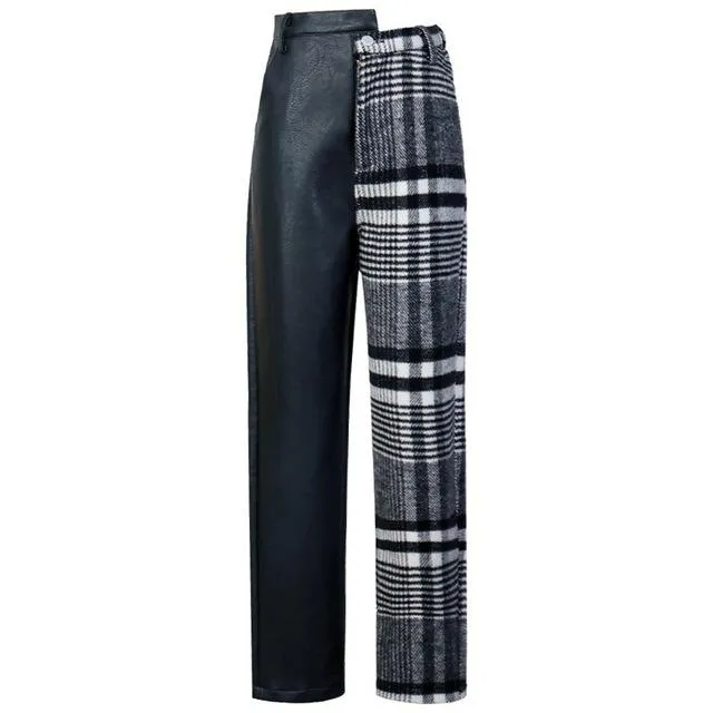 High Waist Asymmetrical Patchwork Ankle Length Wool Pants