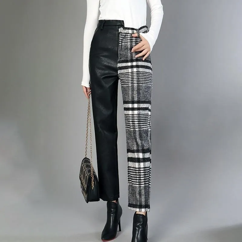 High Waist Asymmetrical Patchwork Ankle Length Wool Pants