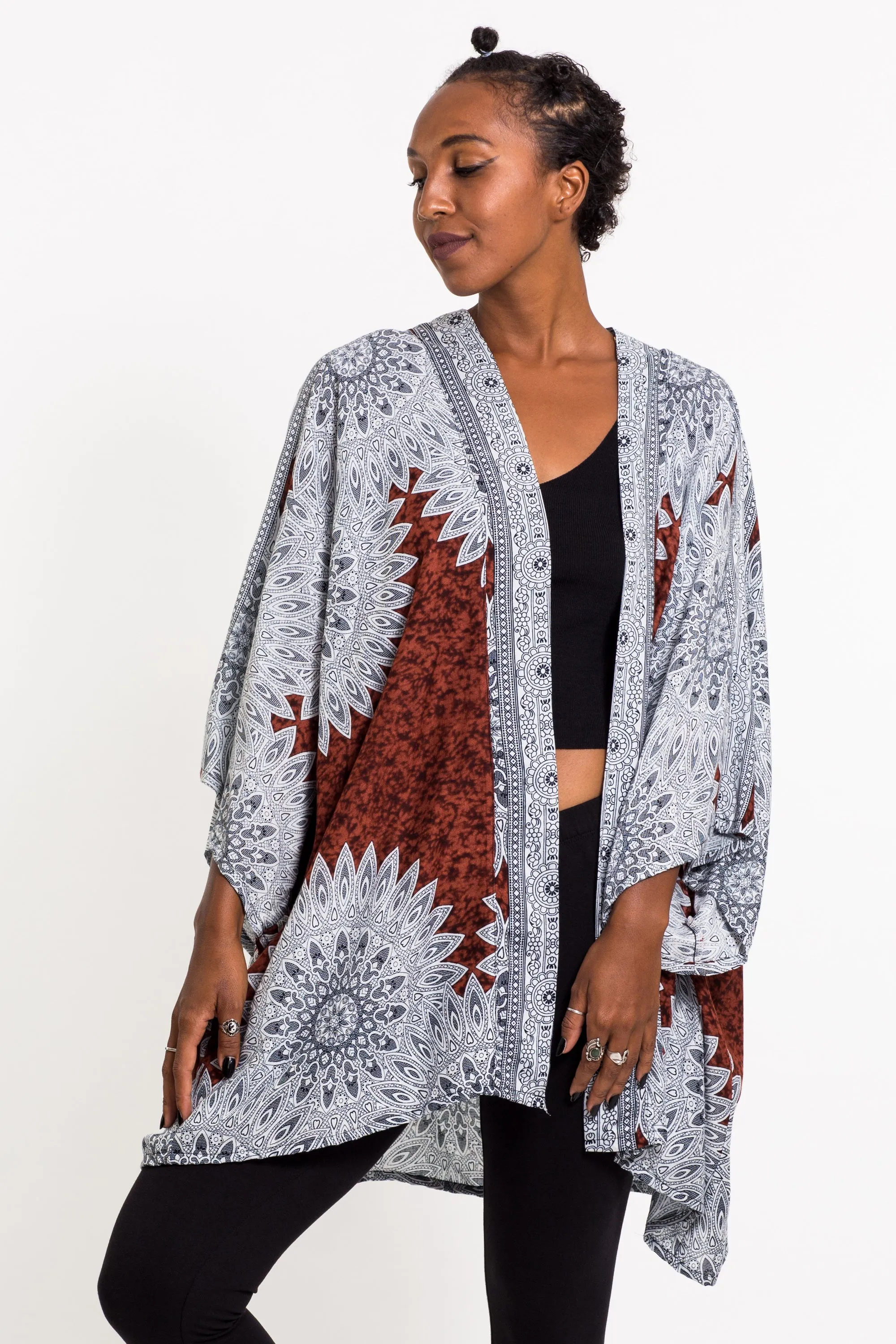 Marble Mandalas Kimono Cardigan in Brown