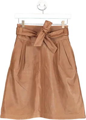 Massimo Dutti Brown Leather Belted Midi Skirt UK XS