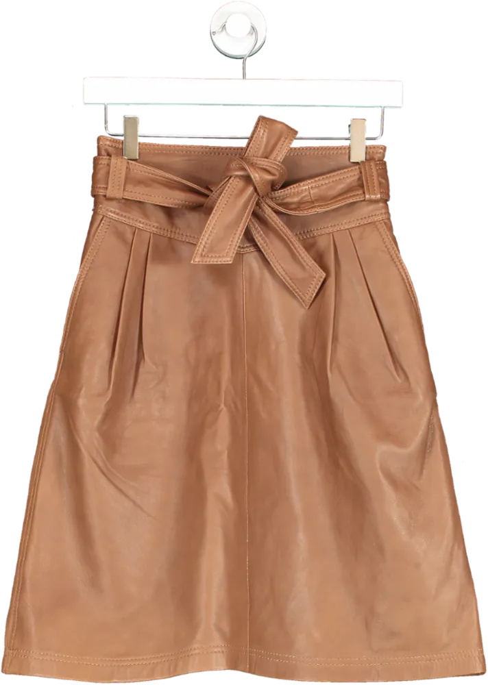 Massimo Dutti Brown Leather Belted Midi Skirt UK XS