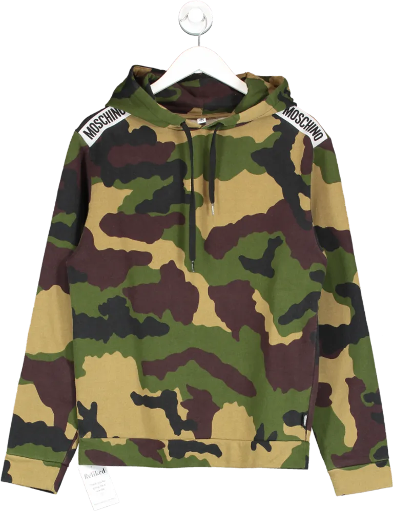 Moschino Green Camo Print Logo Tape Hoodie UK S