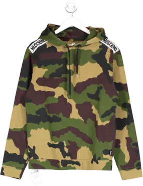 Moschino Green Camo Print Logo Tape Hoodie UK S