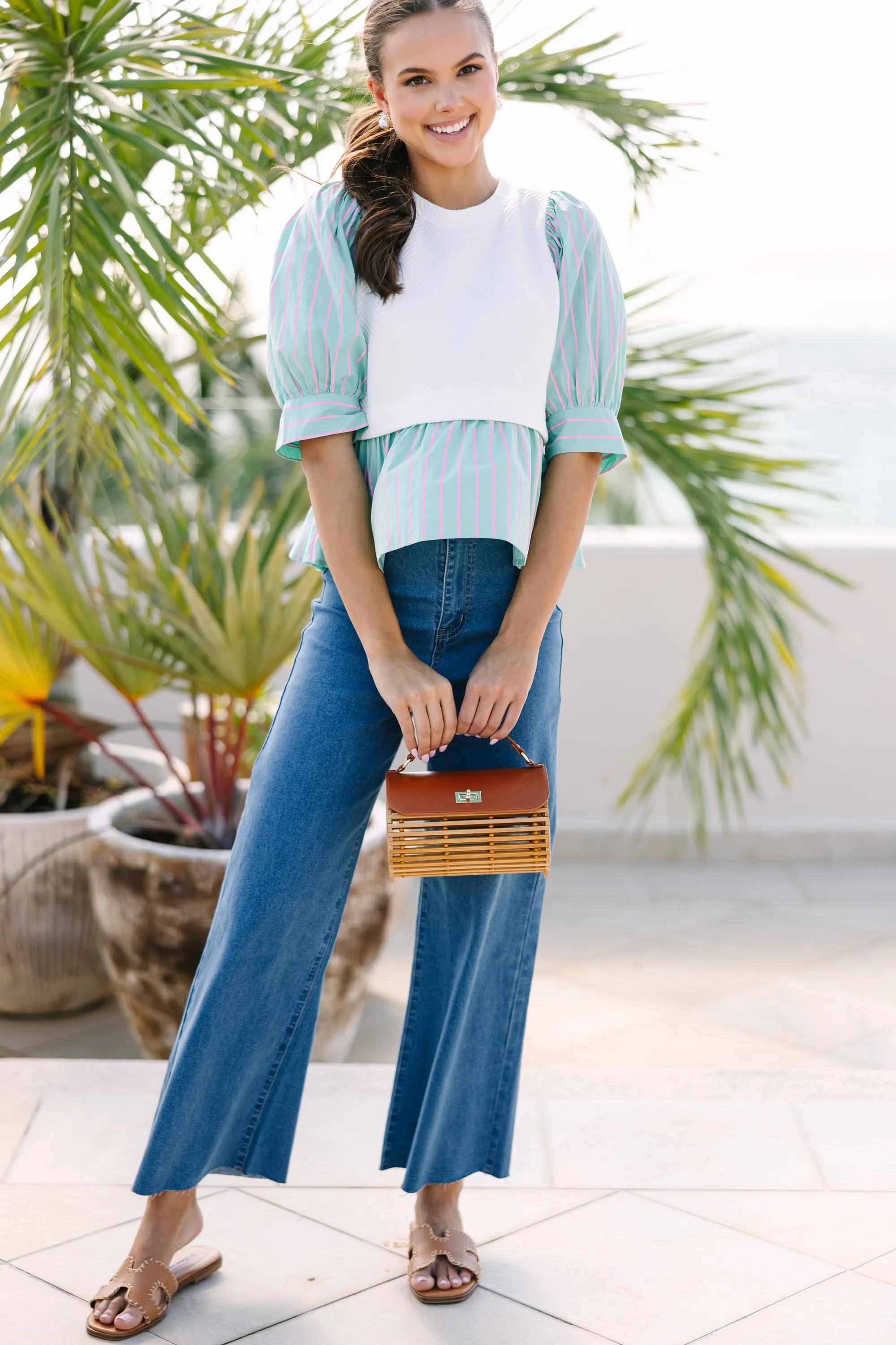 On Your Way Mint Green Striped Layered Blouse