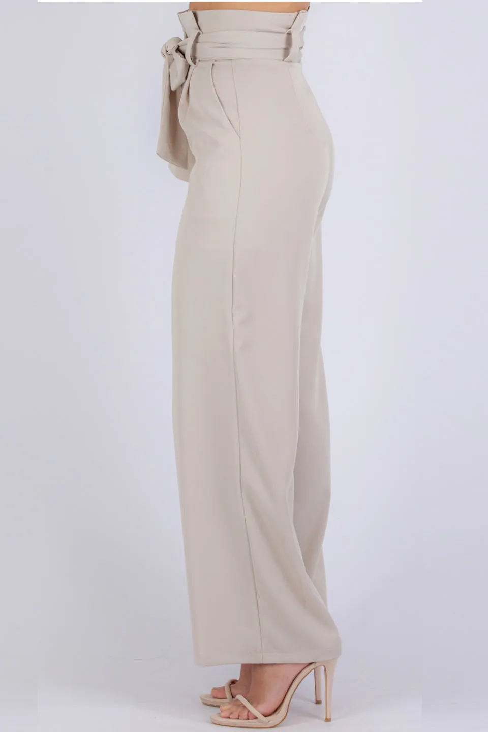 Paper Bag Waist Wide Leg Beige Pant