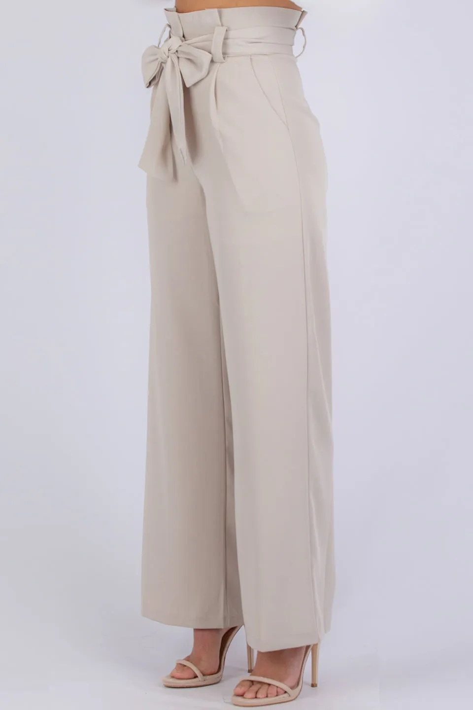 Paper Bag Waist Wide Leg Beige Pant