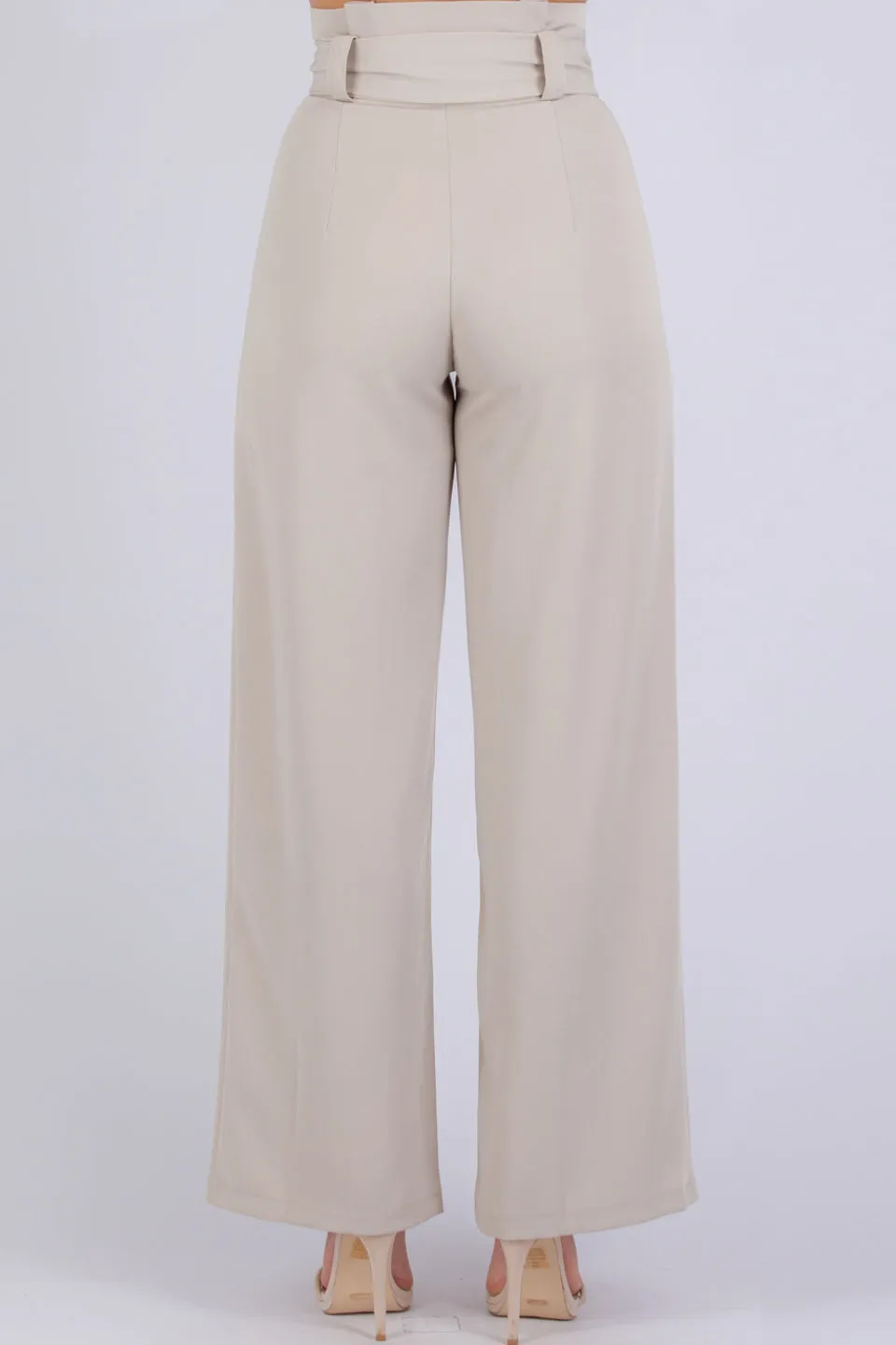 Paper Bag Waist Wide Leg Beige Pant