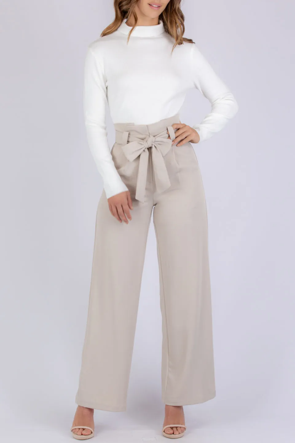 Paper Bag Waist Wide Leg Beige Pant