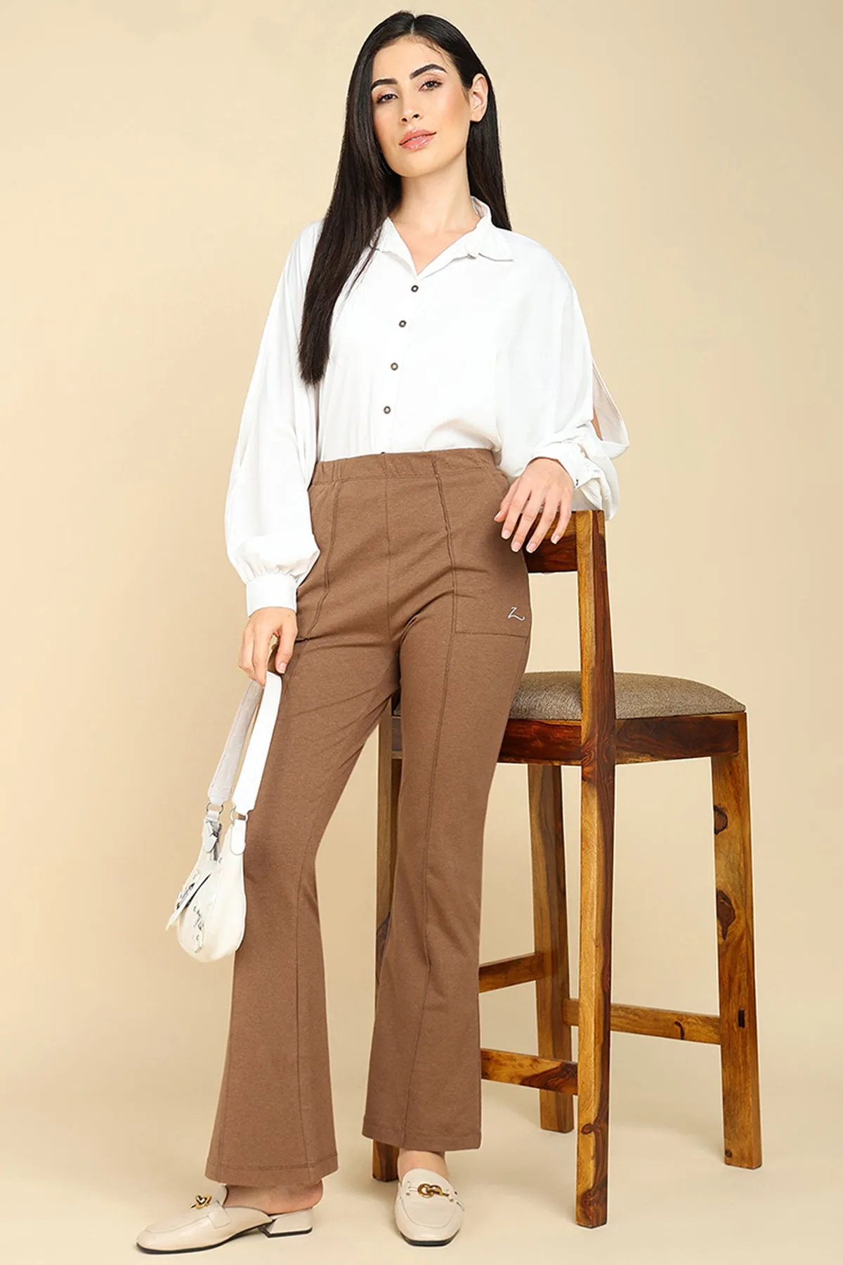 Pleated Cotton Melange Brown Maternity Pants (Pregnancy & Postpartum)