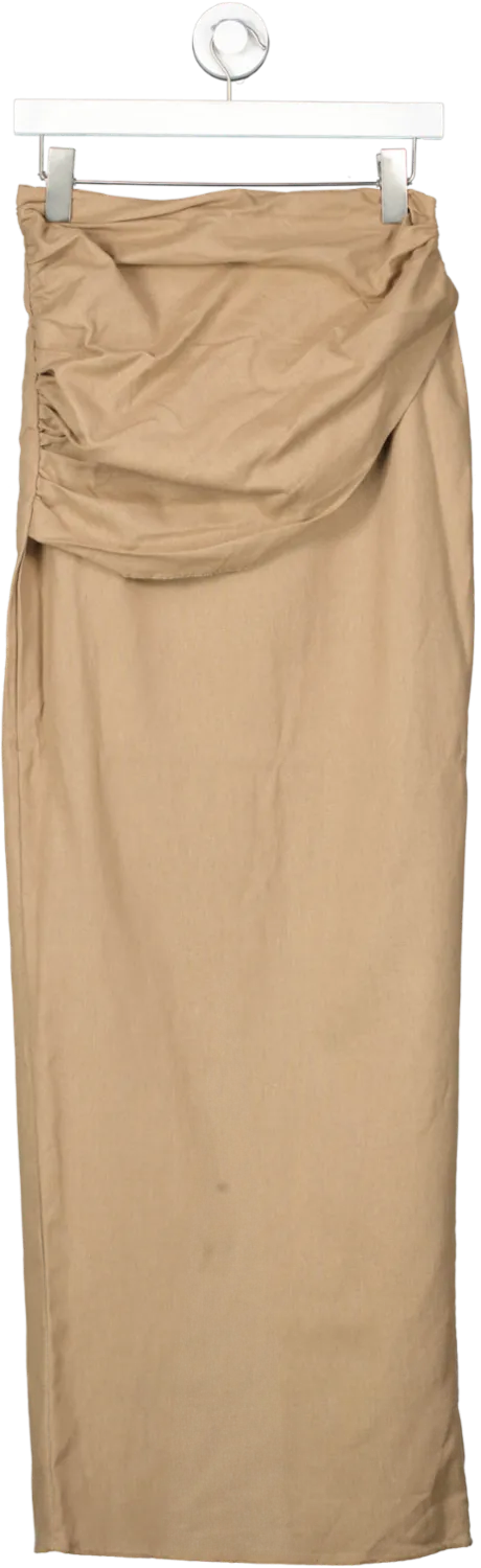 PrettyLittleThing Brown Linen Look Ruched Detail Maxi Skirt UK 10