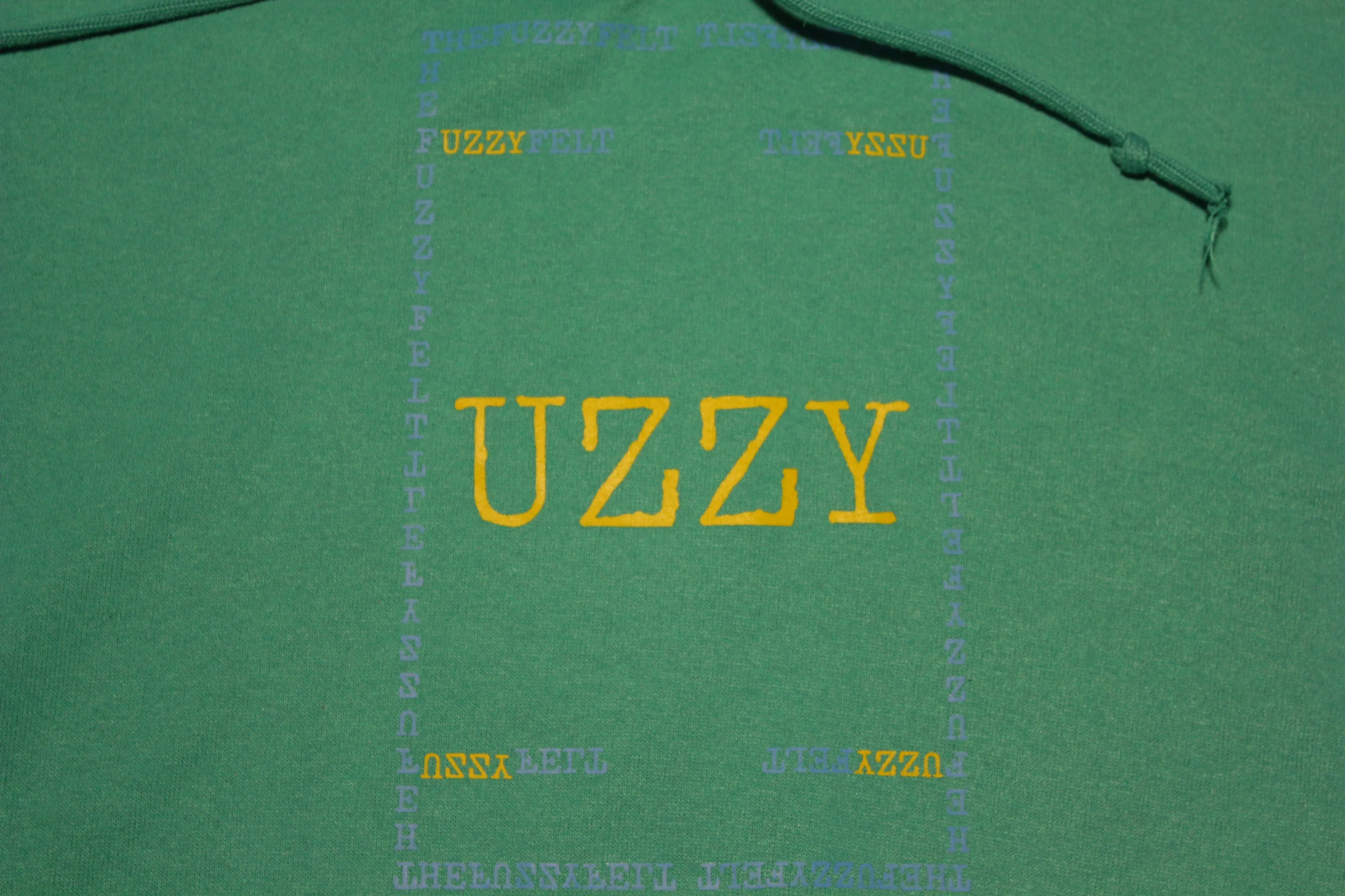 "UZZY" Fuzzy Felt Custom Hand Printed Logo On Authentic Vintage Hoodie Sweatshirt