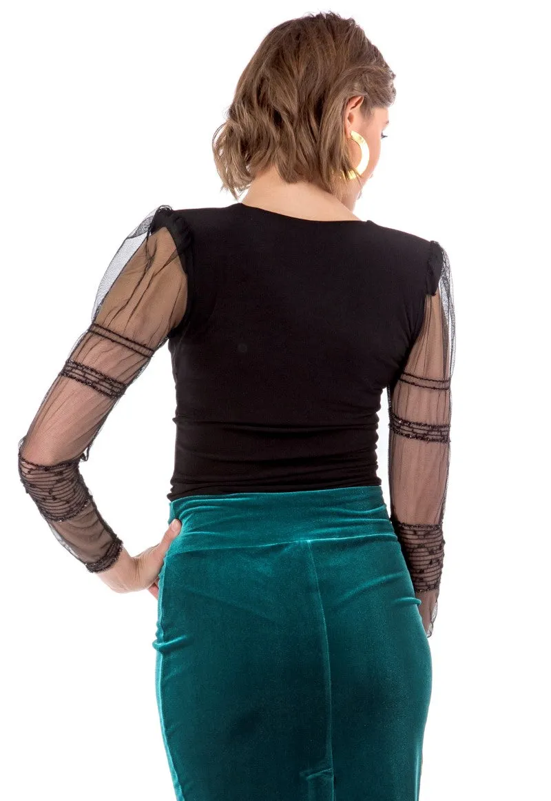 Tango Top with Long Embroidered Tulle Sleeves