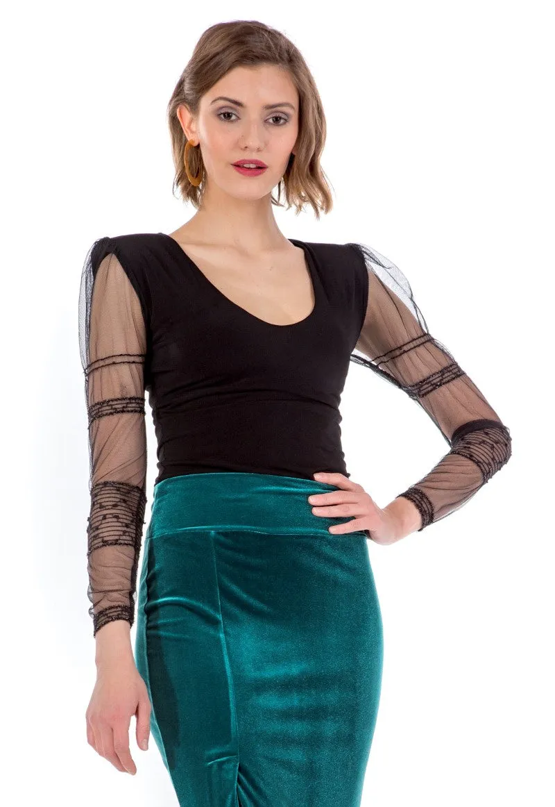 Tango Top with Long Embroidered Tulle Sleeves