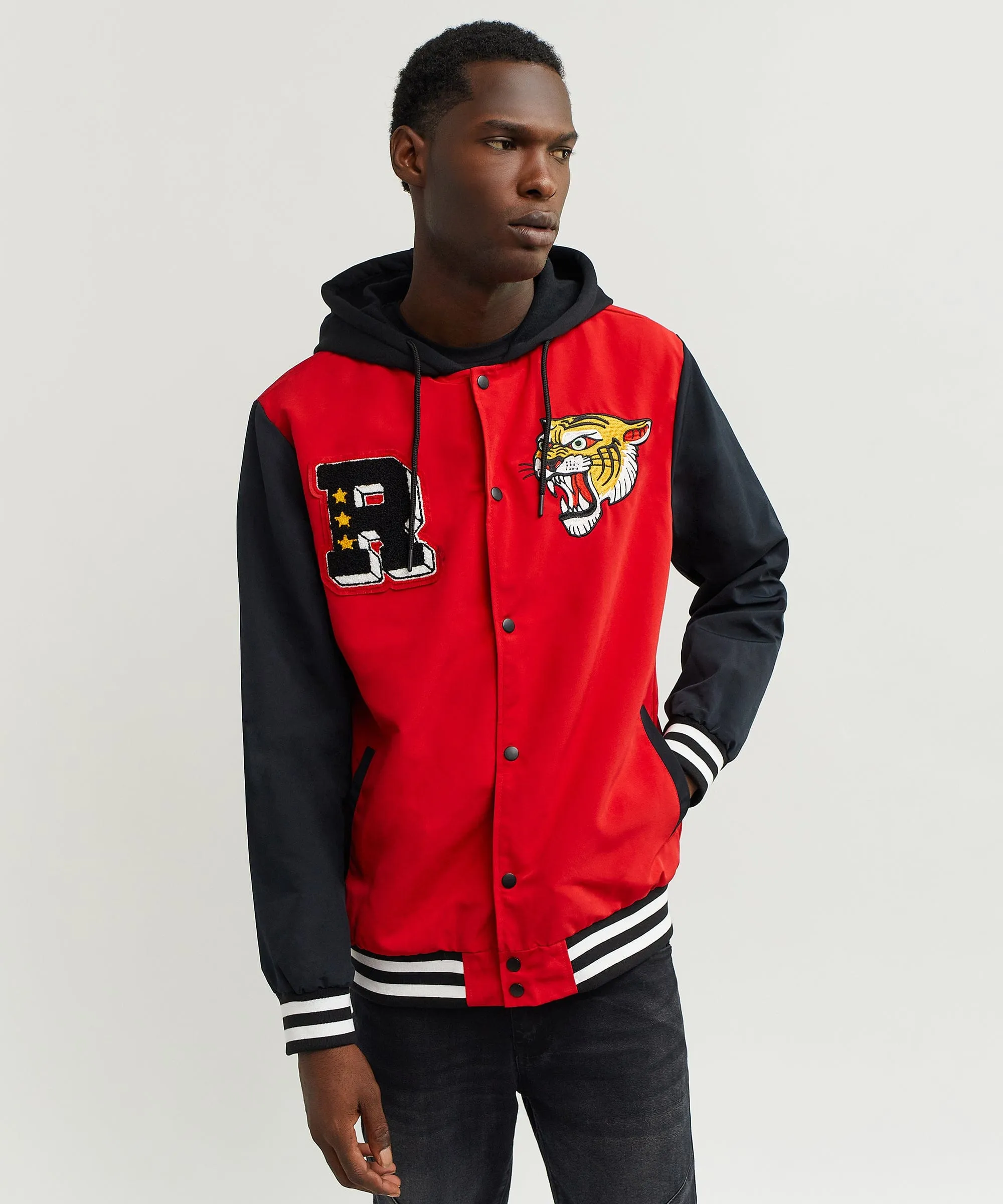 Tigers Varsity Hooded Jacket With Chenille And Embroidered Patches - Red