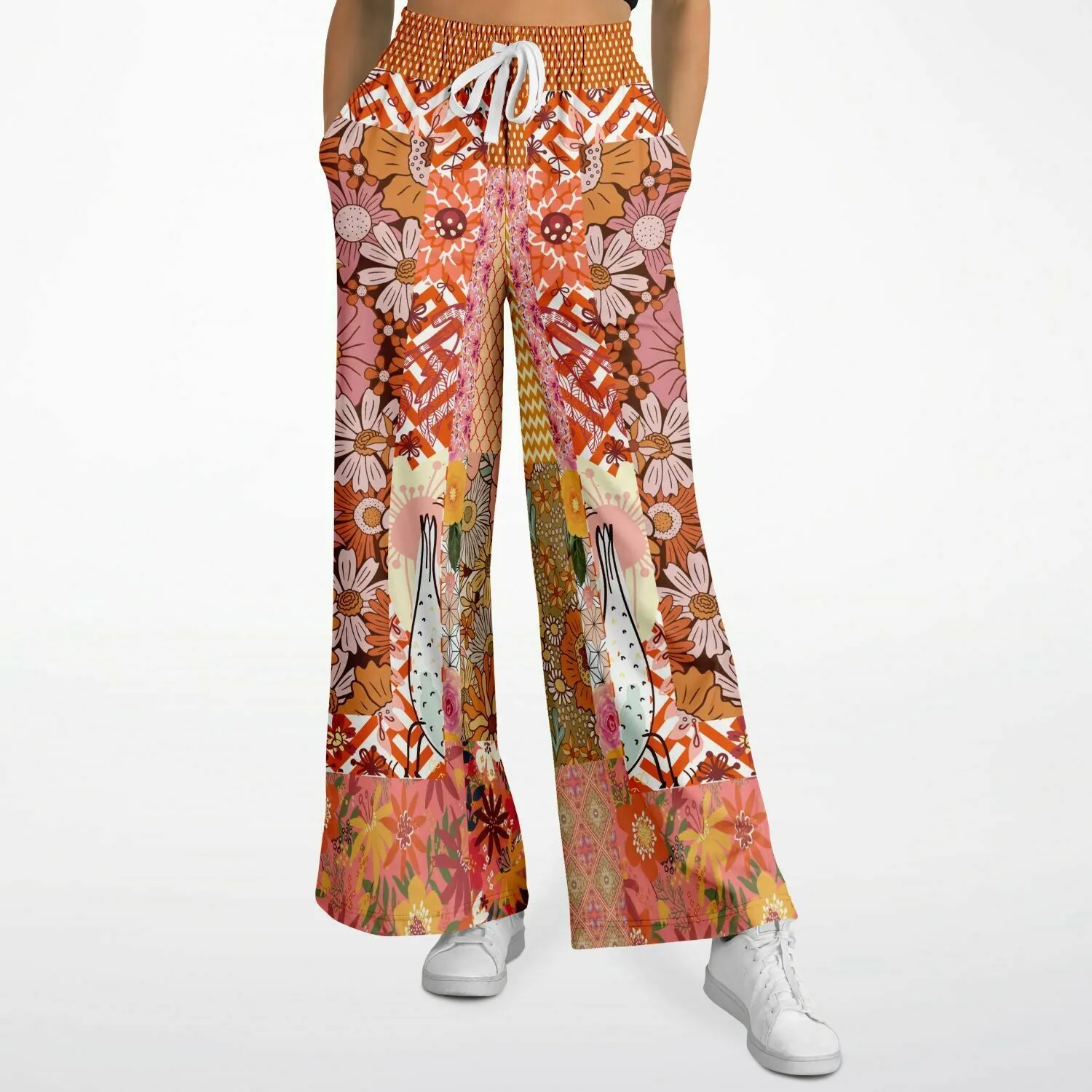 Yogananda Pink Floral Patchwork Eco-Poly Stretchy Phat Bellbottoms